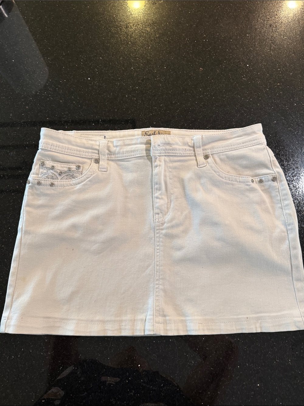 Earl Jeans White Denim Mini Skirt with Studded Pocket Trim